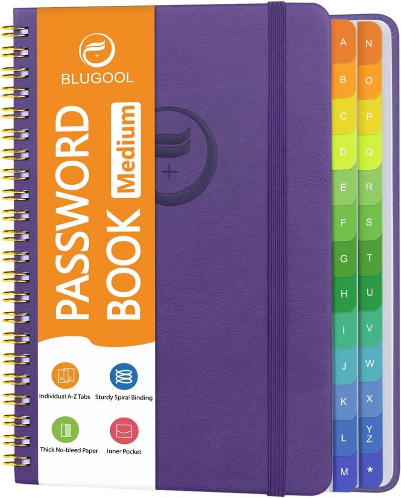 Blugool Password Book with Alphabetical Tabs, Password Keeper Book for Seniors, Individual & Colorful Tabs, Spiral Hardcover Password Notebook for Website Logins, 5.7" x 7.7", Purple - Image 1